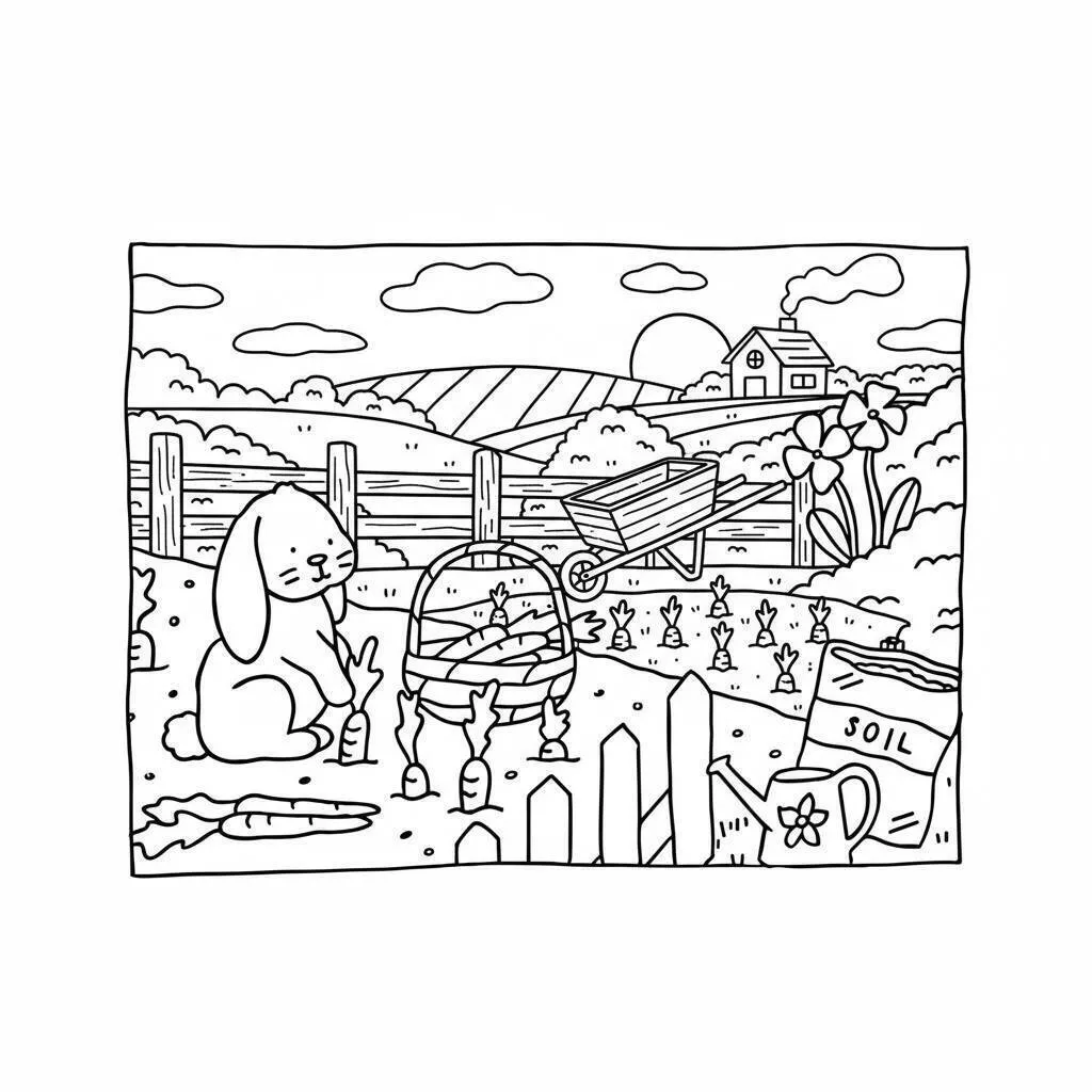 Desenho de Bobbie Goods no Jardim com Coelho e Horta para Colorir