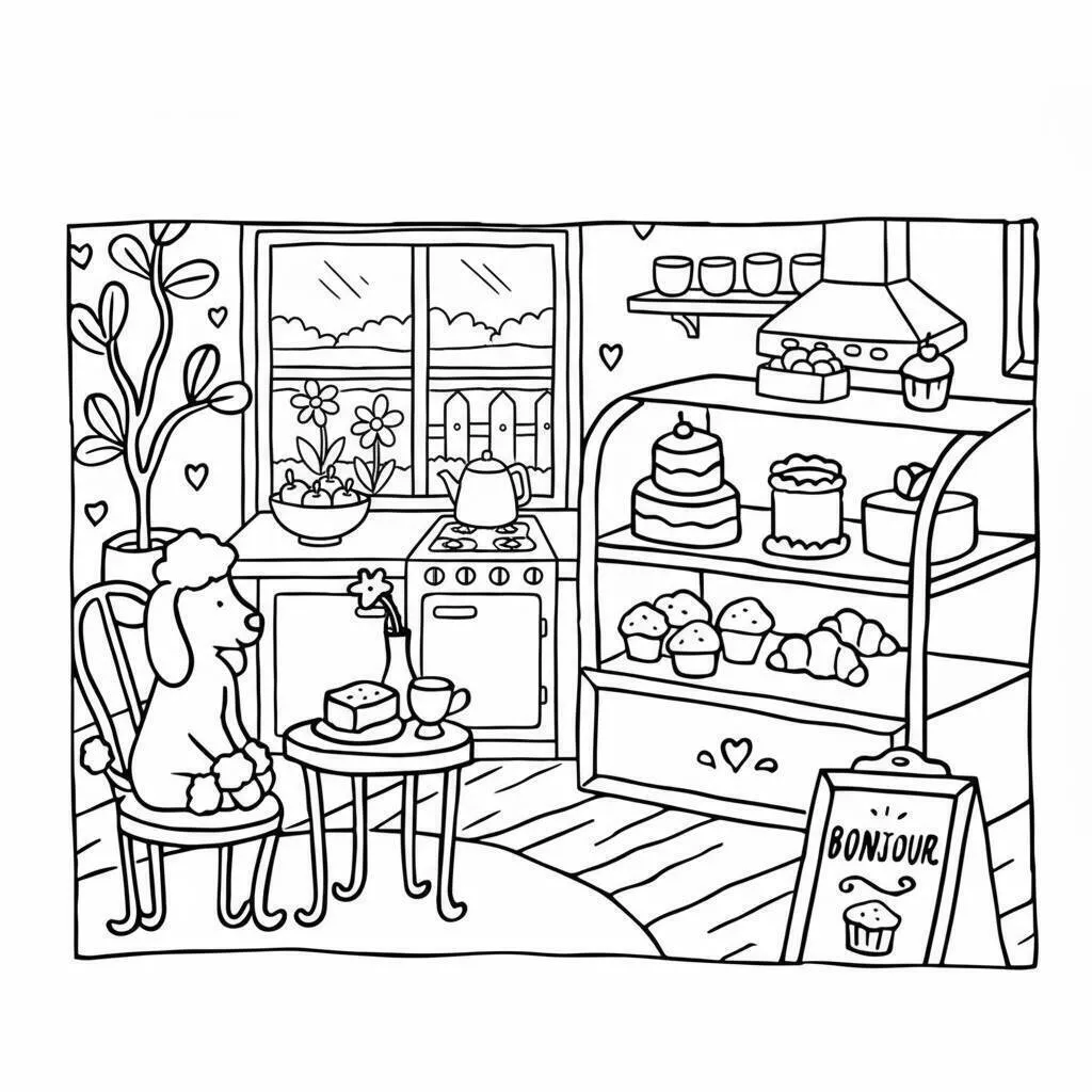 Desenho de Bobbie Goods na Confeitaria com Bolo e Chá para Colorir