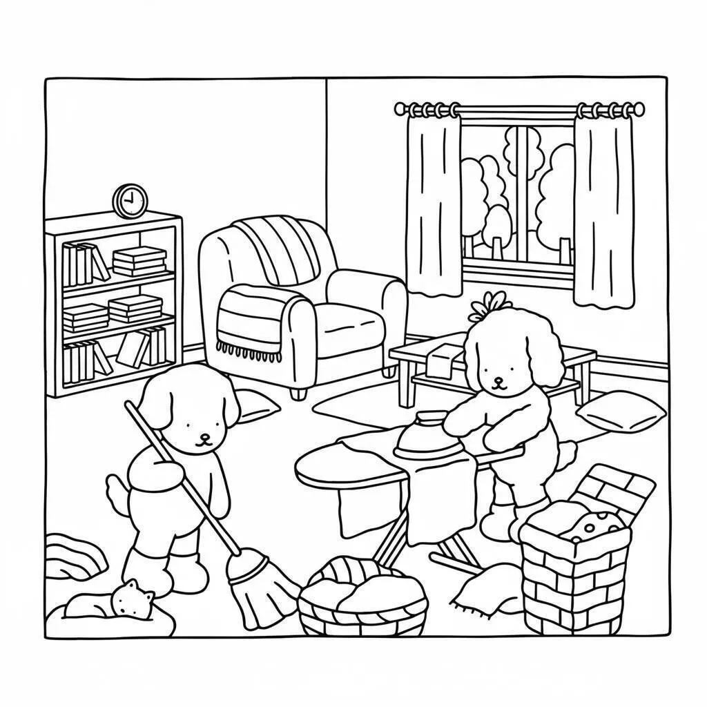 Desenho de Bobbie Goods Limpando a Casa com seu Cãozinho para Colorir