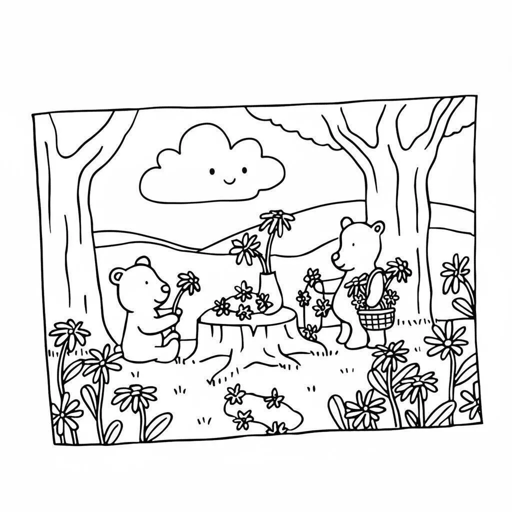 Desenho de Bobbie Goods com Ursinhos Coletando Flores para Colorir