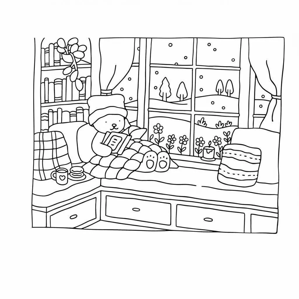 Desenho de Bobbie Goods Lendo um Livro na Janela Aconchegante para Colorir
