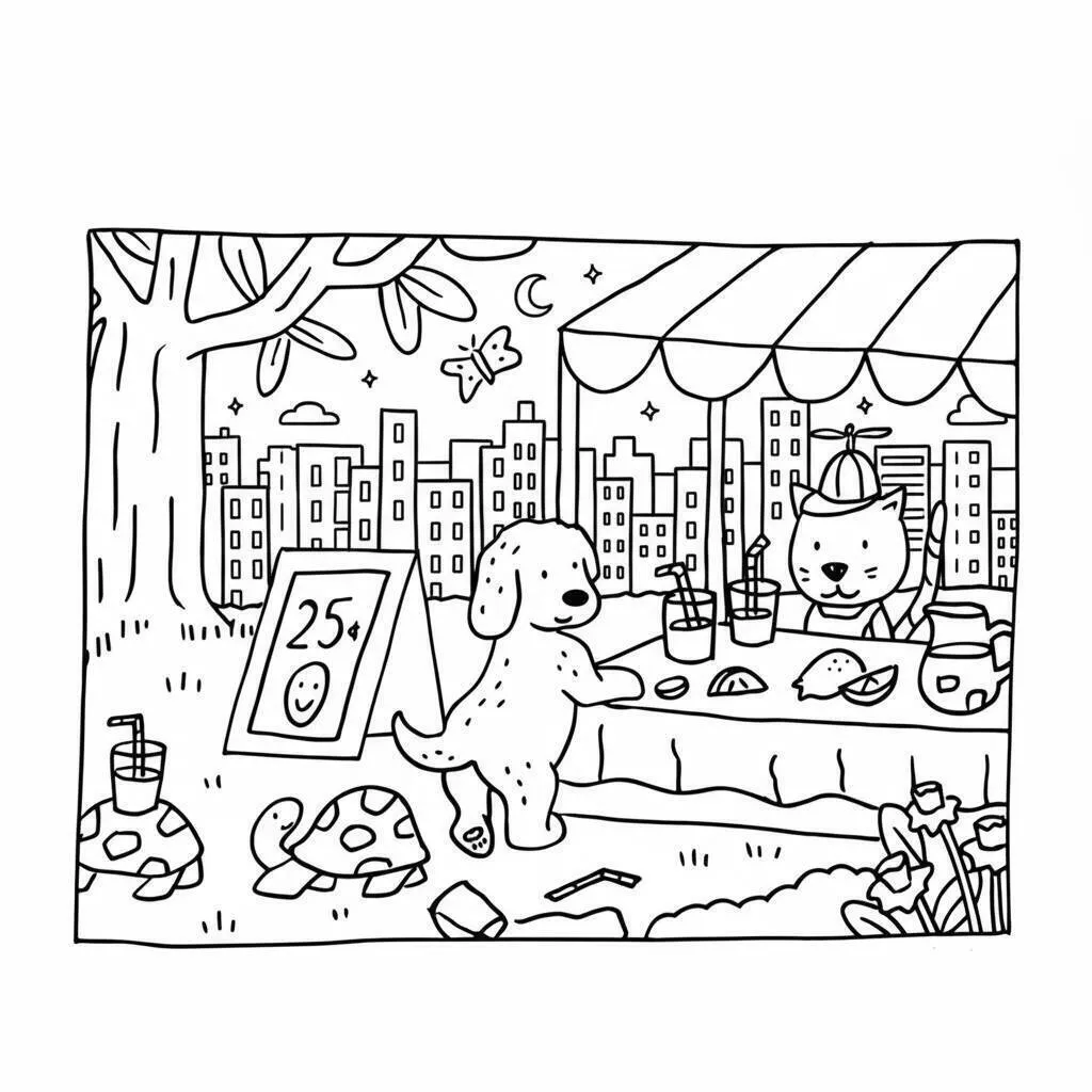 Desenho de Bobbie Goods com Cachorrinho e Gatinho Vendendo Limonada para Colorir