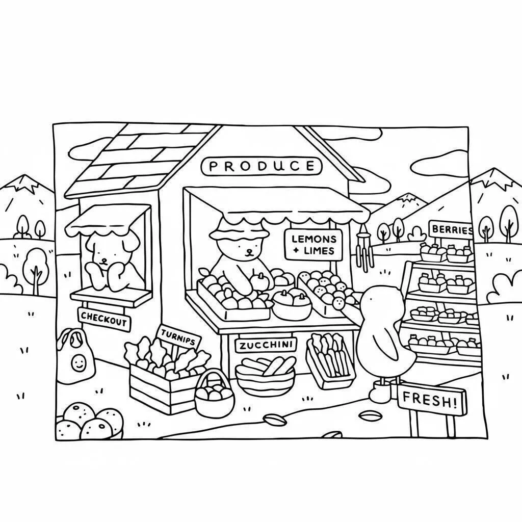 Desenho de Bobbie Goods no Mercado de Frutas e Verduras para Colorir