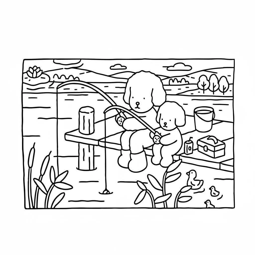 Desenho de Bobbie Goods Pescando com seu Cãozinho para Colorir