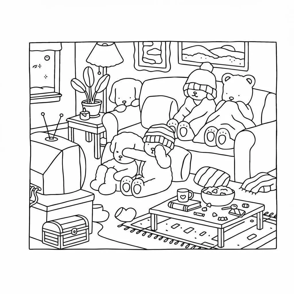 Desenho de Bobbie Goods com Ursinhos na Sala de Estar para Colorir