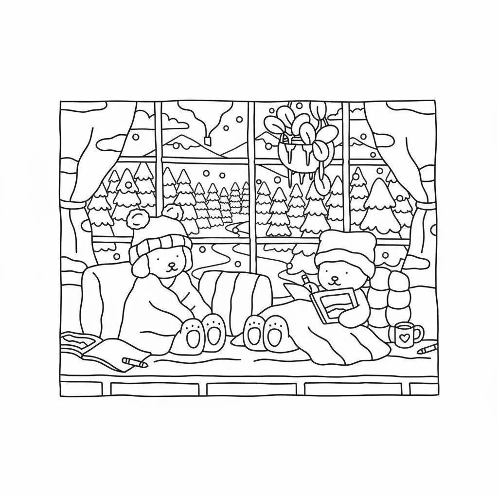Desenho de Bobbie Goods com Ursinhos Aconchegantes na Janela para Colorir