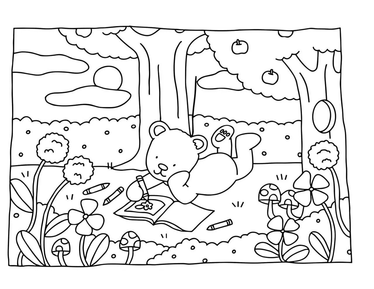 Desenho de Bobbie Goods com Urso Colorindo no Parque para Colorir