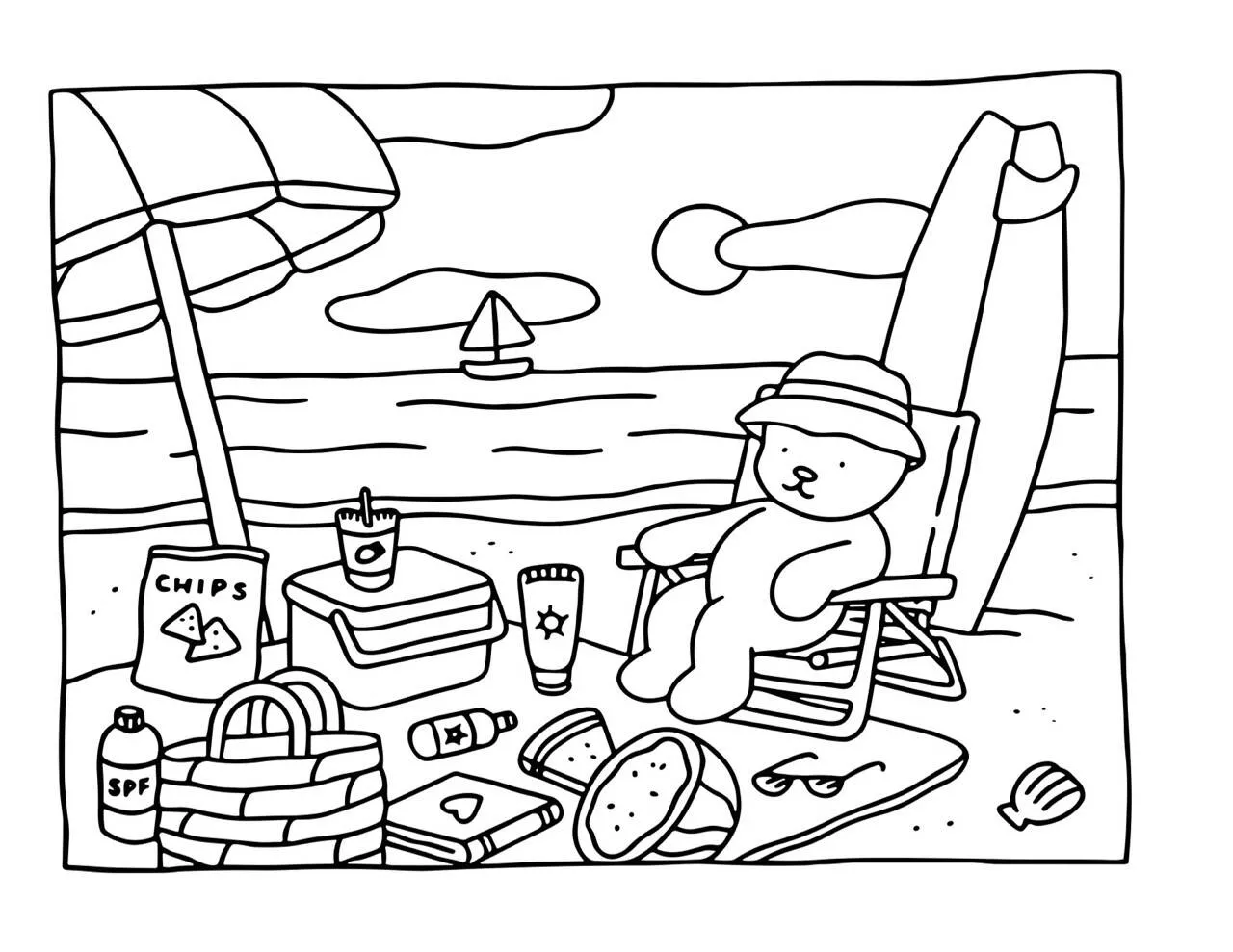 Desenho de Bobbie Goods na Praia com Cadeira de Sol para Colorir
