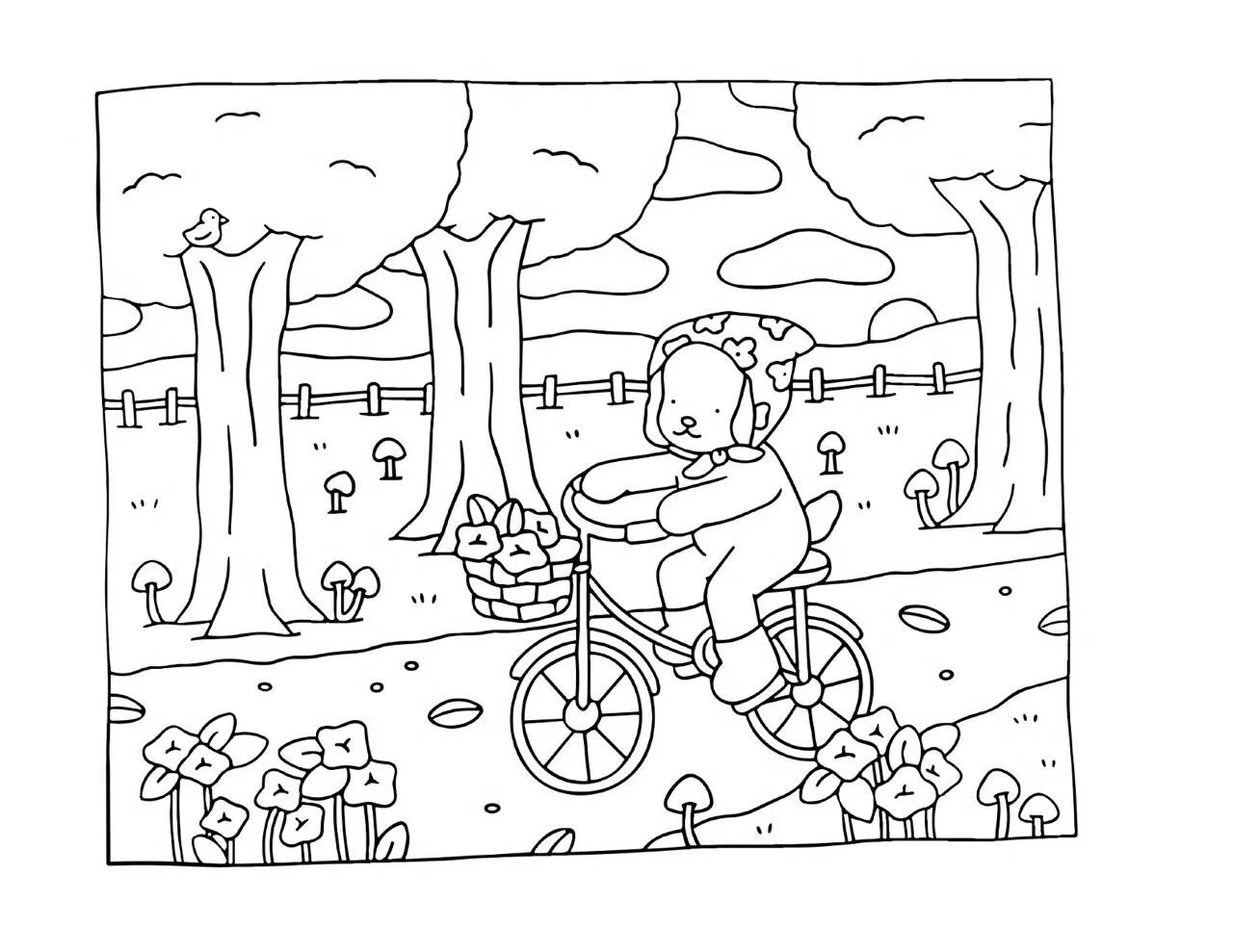 Desenho de Bobbie Goods a Pedalar de Bicicleta com Flores para Colorir