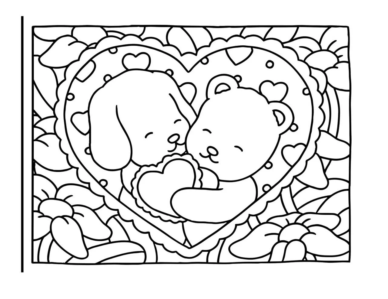 Desenho de Bobbie Goods com Cãozinho e Ursinho em Coração para Colorir