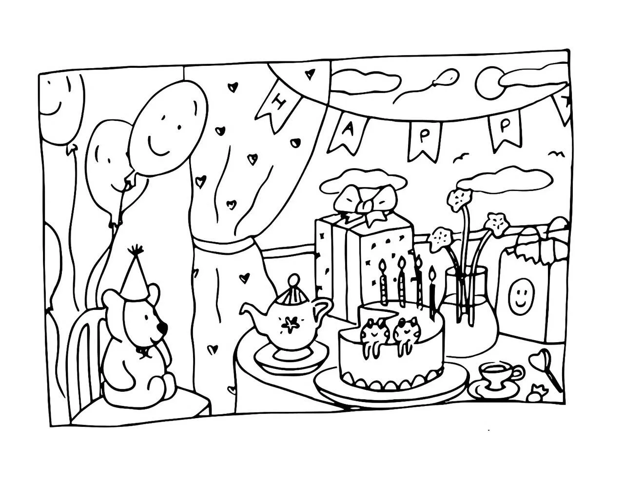 Coloriage Bobbie Marchandises à la fête d'anniversaire avec un gâteau et des ballons