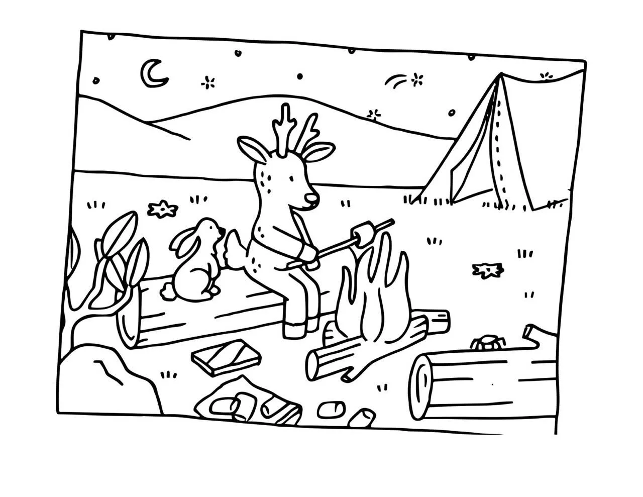 Desenho de Bobbie Goods Acampando com Coelho e Fogueira para Colorir