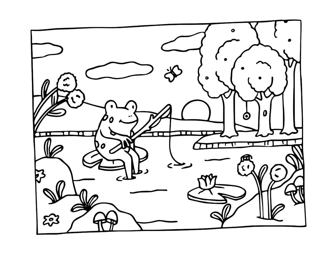 Desenho de Bobbie Goods com Sapo Pescando no Lago para Colorir