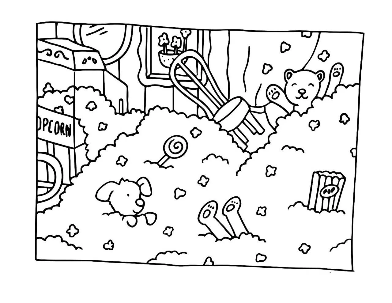 Desenho de Bobbie Goods Brincando em um Mar de Pipoca para Colorir