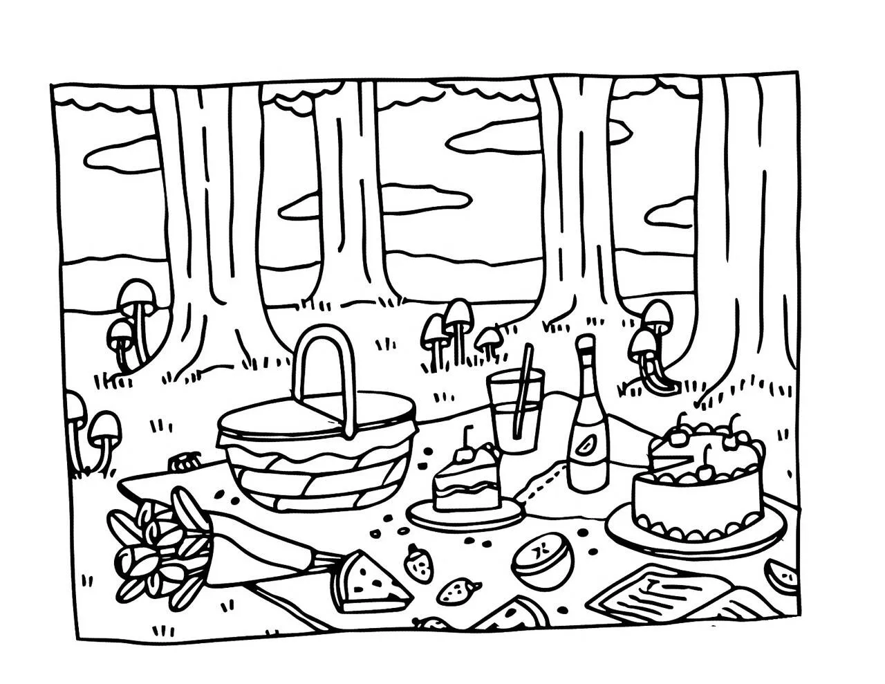 Desenho de Bobbie Goods em Piquenique com Cesta e Bolo para Colorir