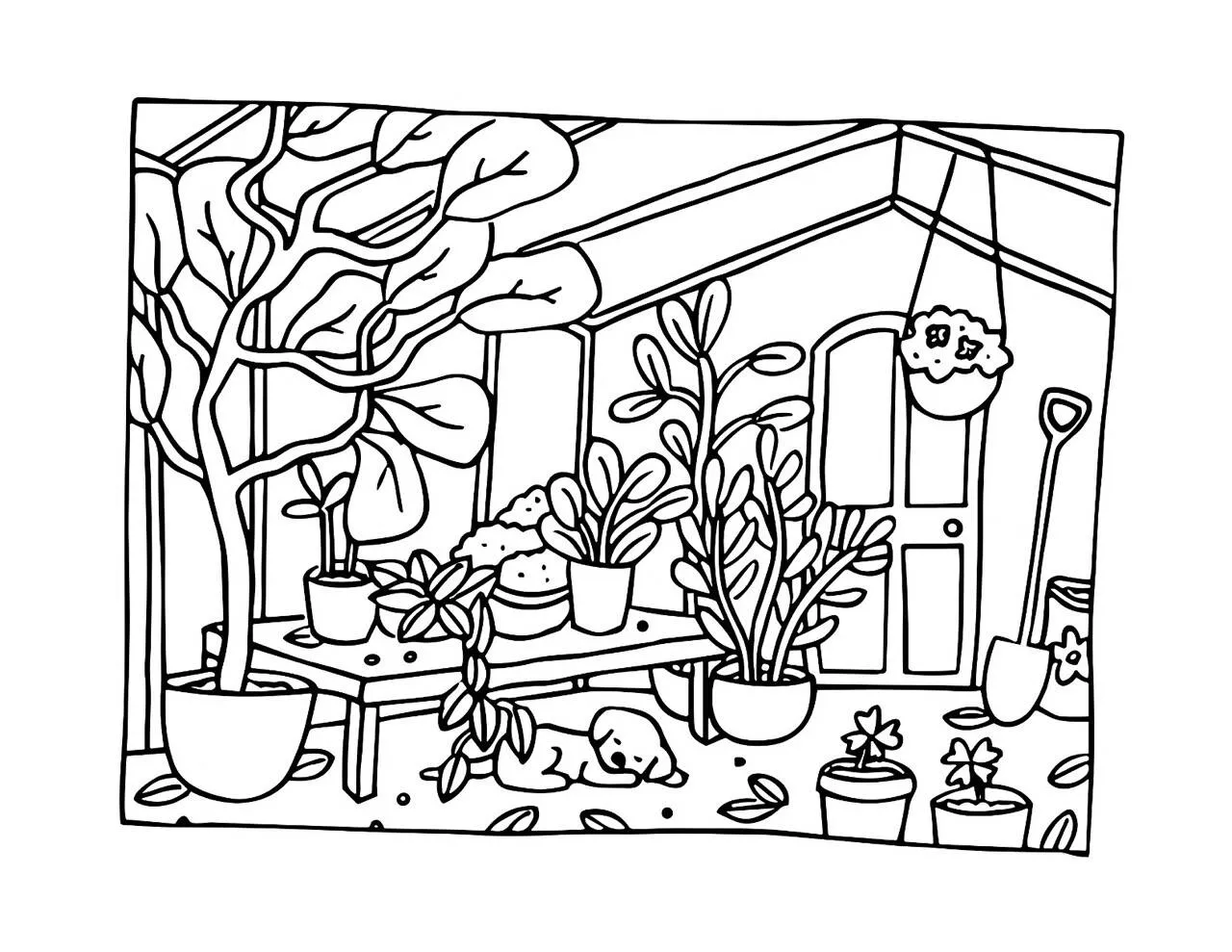 Desenho de Bobbie Goods no Estufa com Plantas e Cachorrinho para Colorir
