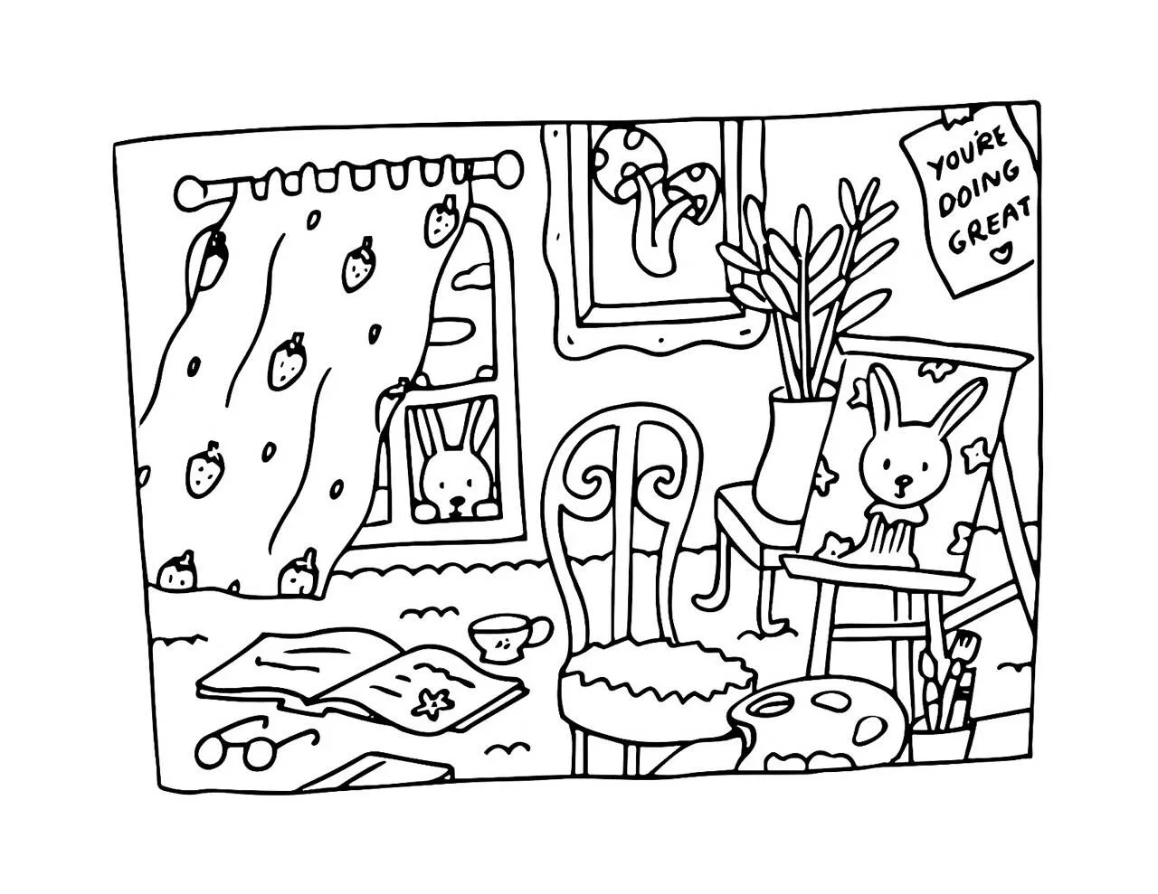 Desenho de Bobbie Goods no Quarto Aconchegante com Coelho para Colorir