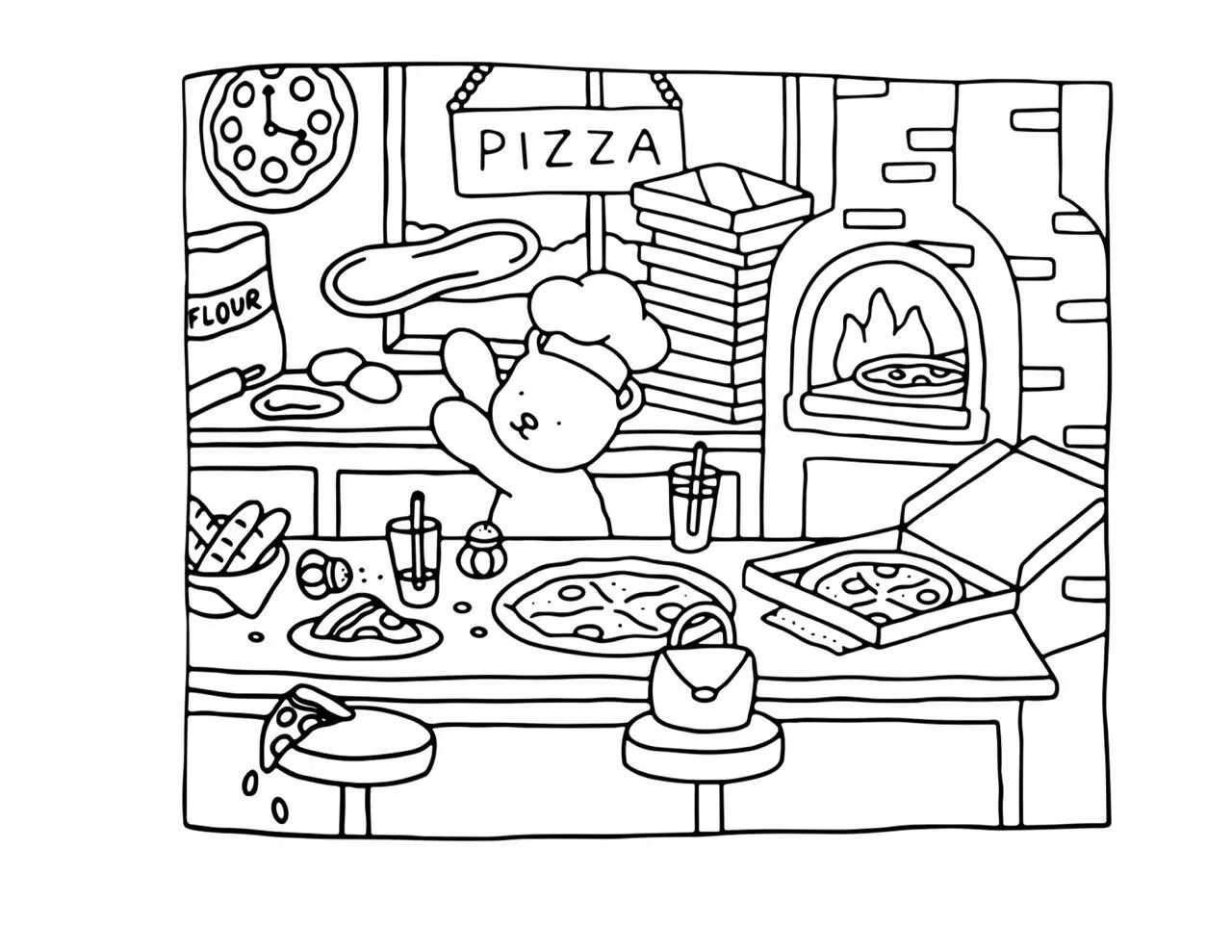 Desenho de Bobbie Goods Fazendo Pizza na Cozinha para Colorir