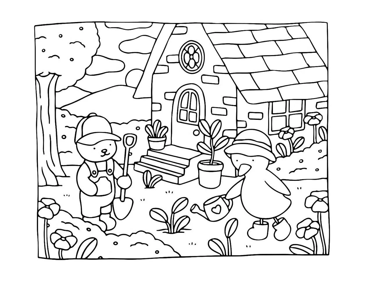 Dibujo para colorear de Bienes Bobbie regando las plantas en el jardín