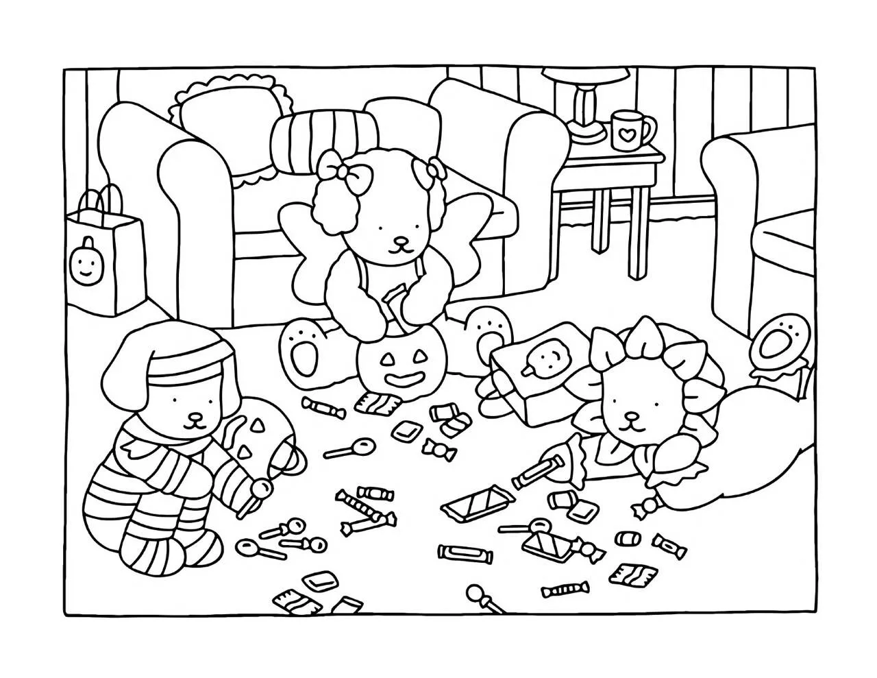 Desenho de Bobbie Goods Brincando com Doces e Brinquedos para Colorir