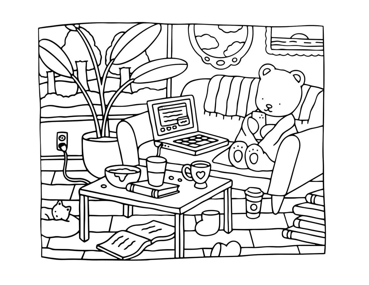Desenho de Bobbie Goods com Urso de Pelúcia no Sofá para Colorir