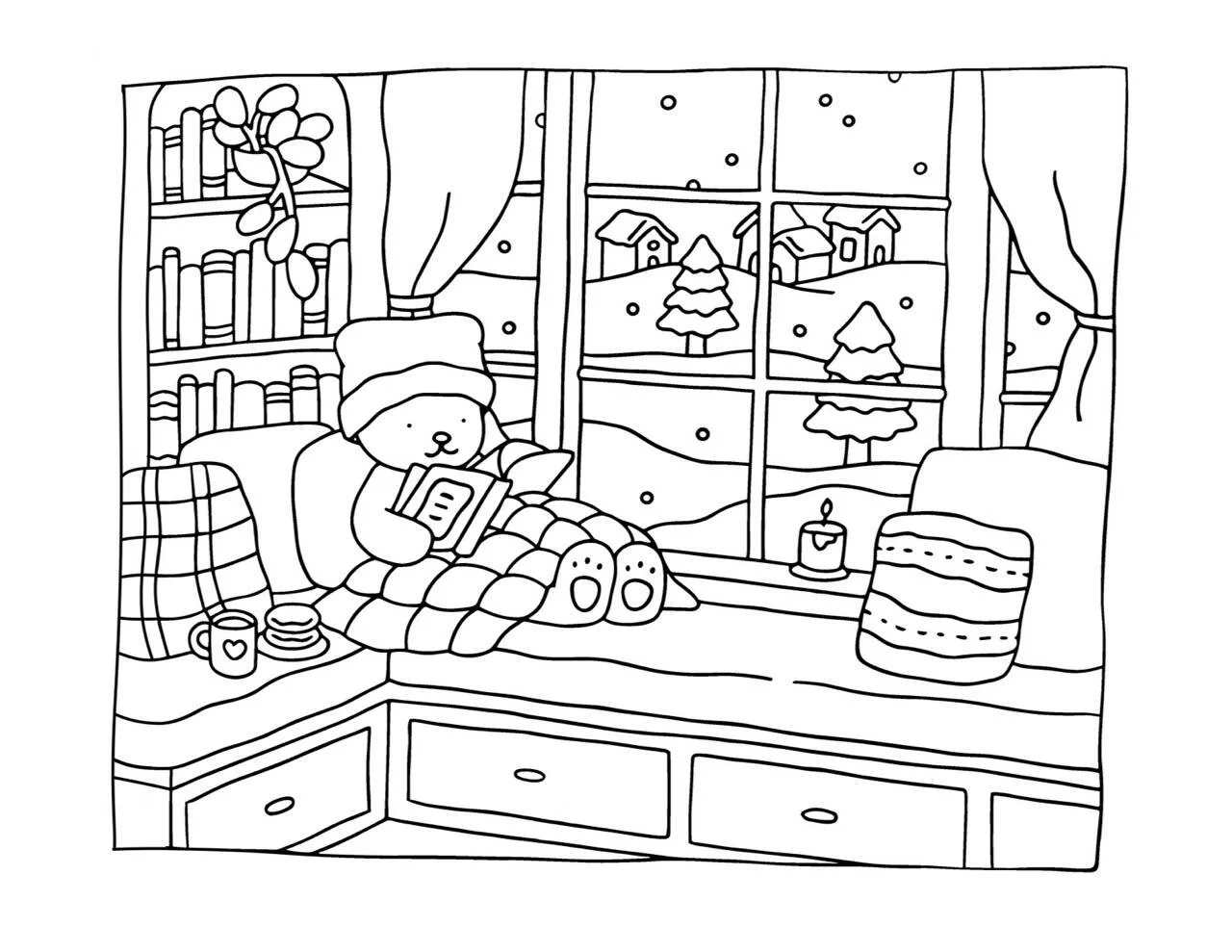 Desenho de Bobbie Goods Lendo um Livro na Janela com Vista para a Neve para Colorir