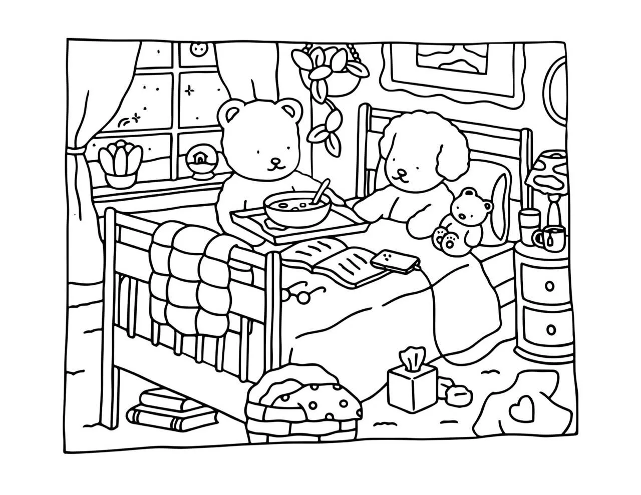 Desenho de Bobbie Goods com Urso e Cachorrinho na Cama para Colorir
