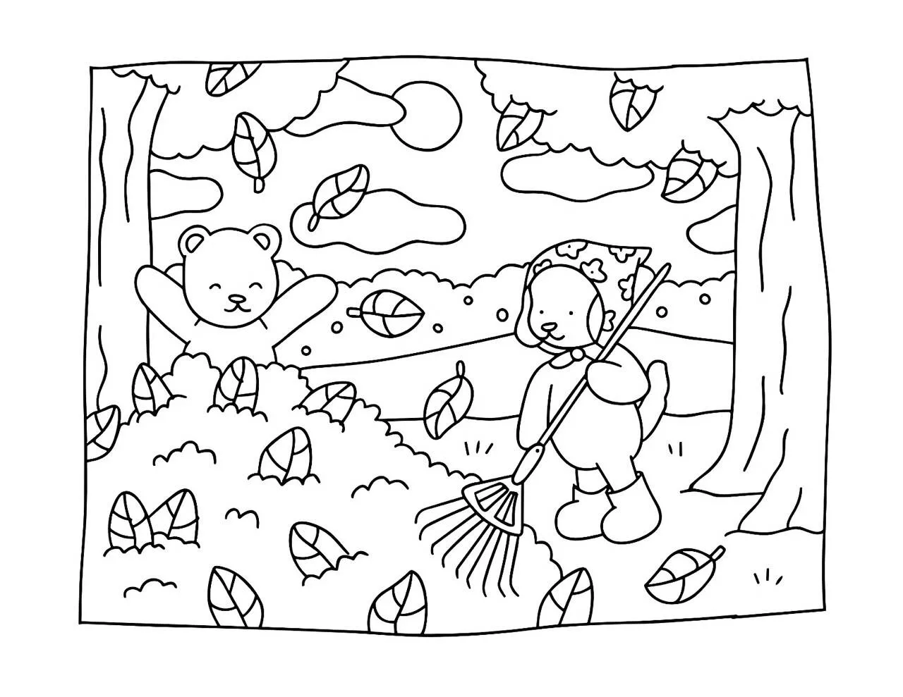 Desenho de Bobbie Goods com Urso e Cachorrinho Brincando no Outono para Colorir
