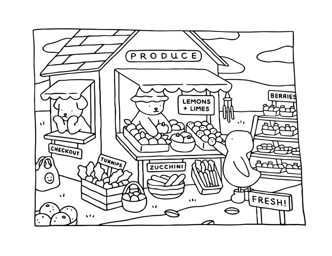 Desenho de Bobbie Goods no Mercado de Frutas e Legumes para Colorir