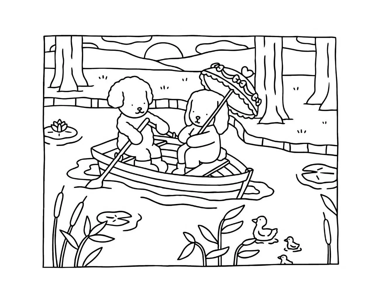 Desenho de Bobbie Goods Remando em um Barco com Amigo para Colorir