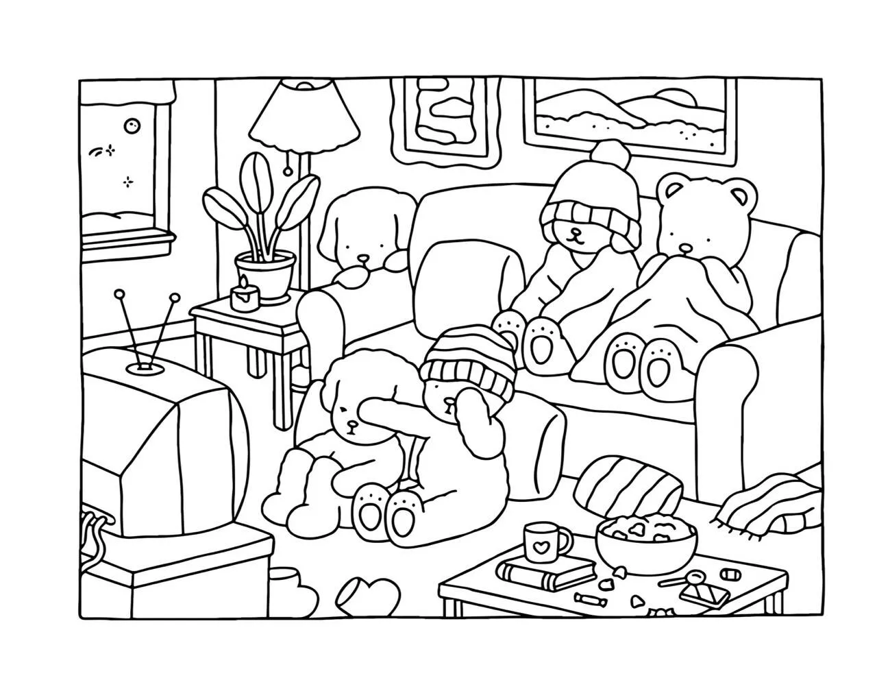 Desenho de Bobbie Goods Assistindo TV com Ursinhos para Colorir