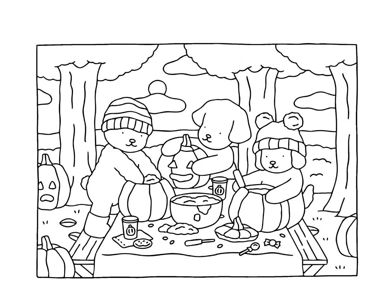 Desenho de Bobbie Goods com Animais Fazendo Abóboras para Colorir