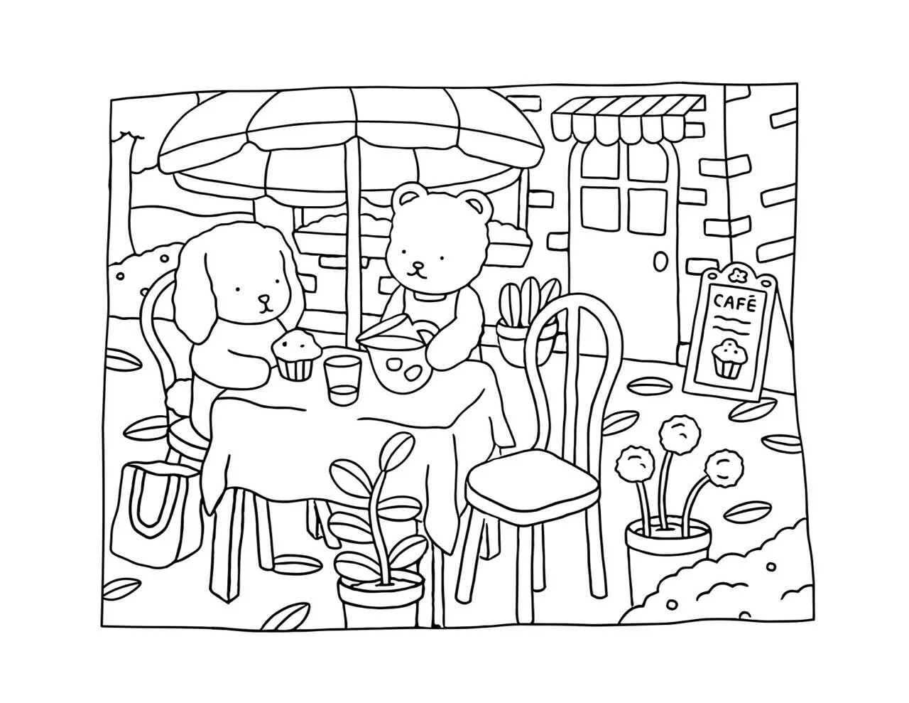 Desenho de Bobbie Goods com Urso e Cachorrinho no Café para Colorir