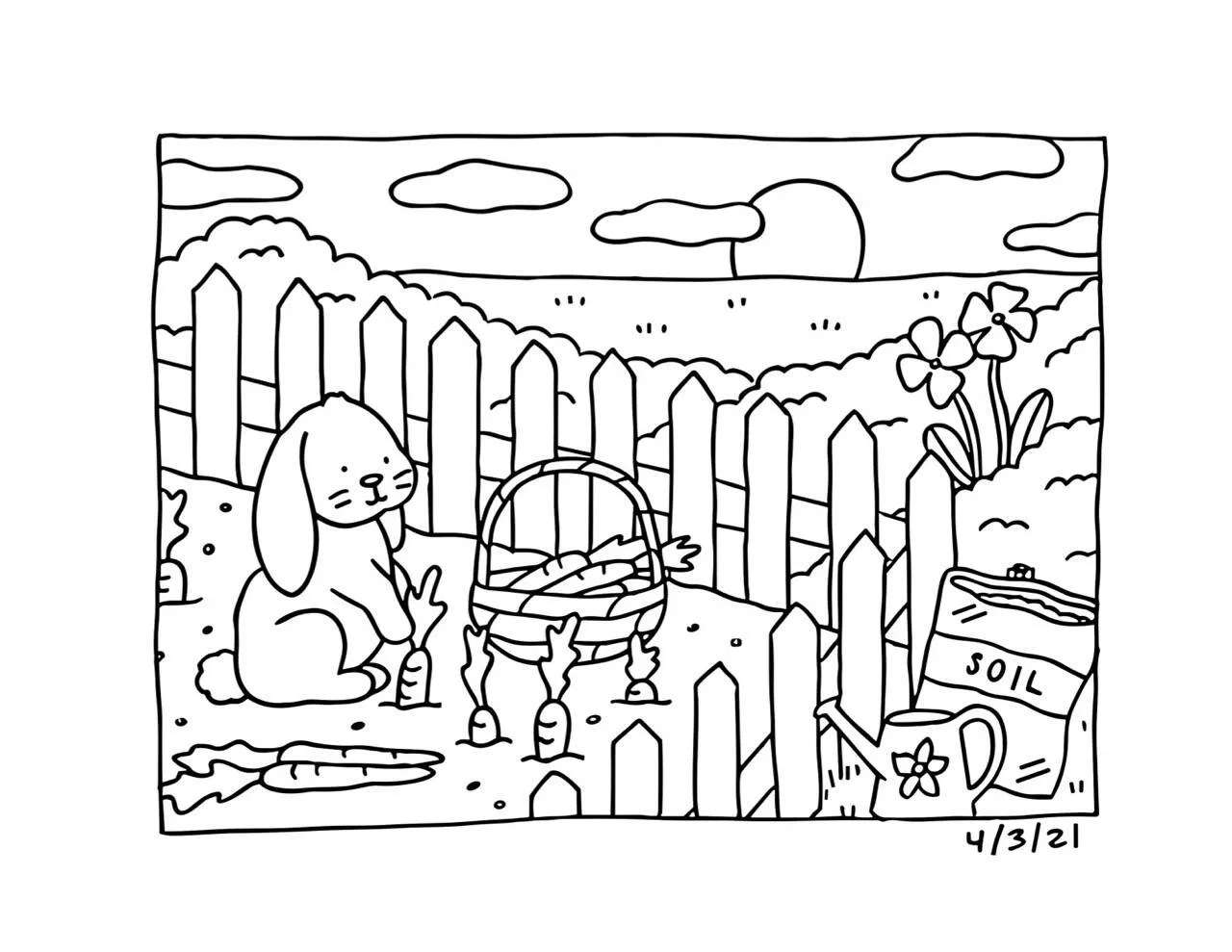 Desenho de Bobbie Goods com Coelho no Jardim para Colorir