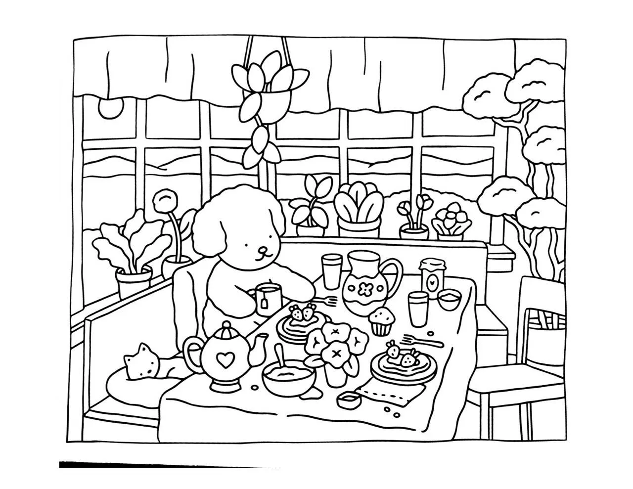 Desenho de Bobbie Goods com Cãozinho em Chá da Tarde para Colorir
