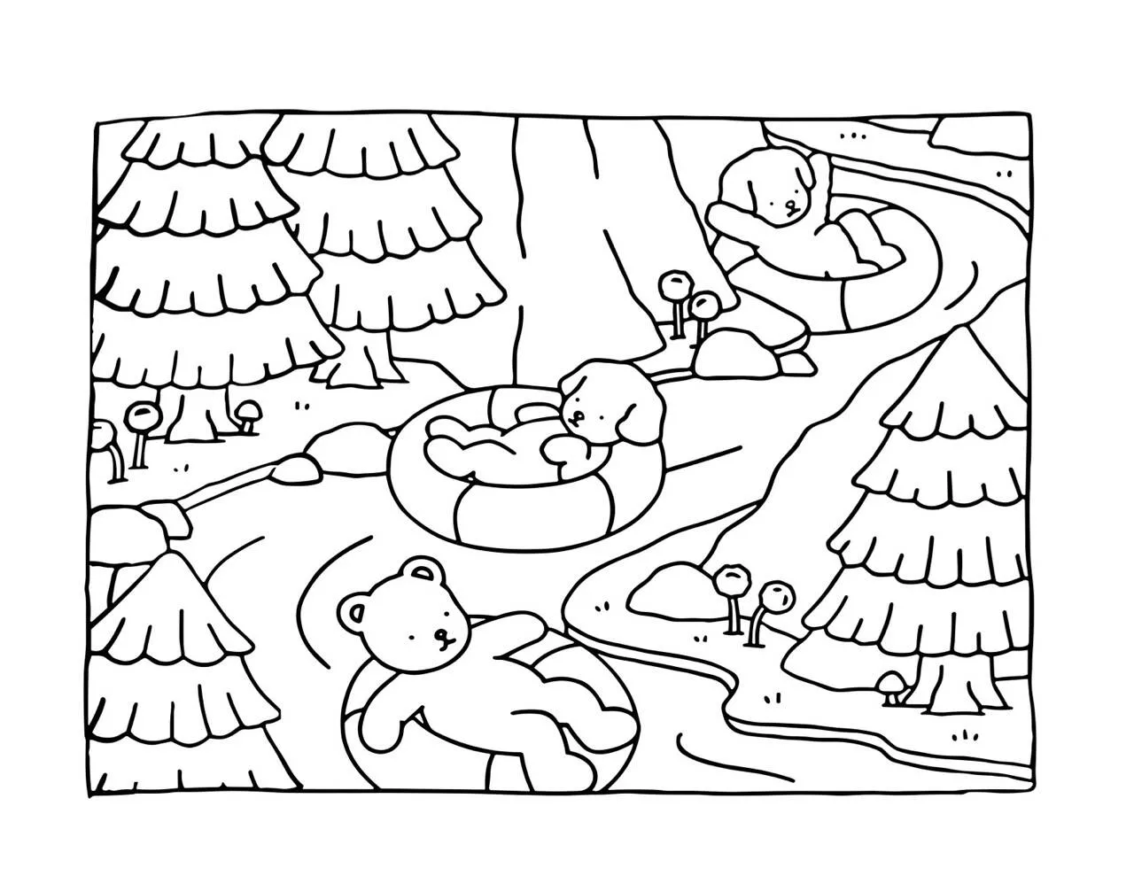 Desenho de Bobbie Goods se Divertindo em um Rio com Ursinhos para Colorir