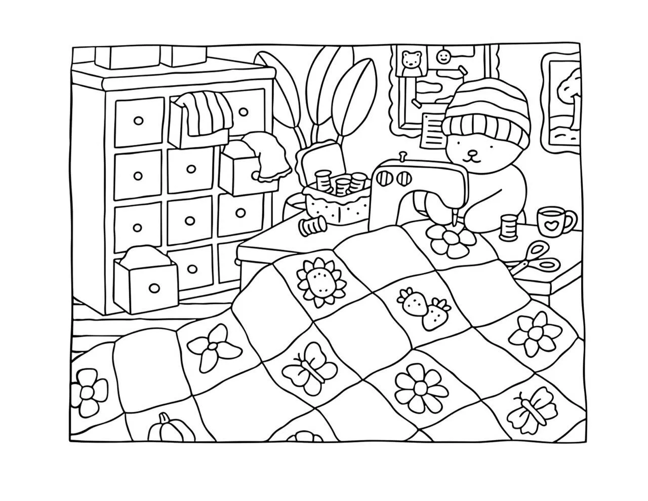 Desenho de Bobbie Goods Costurando com Urso para Colorir