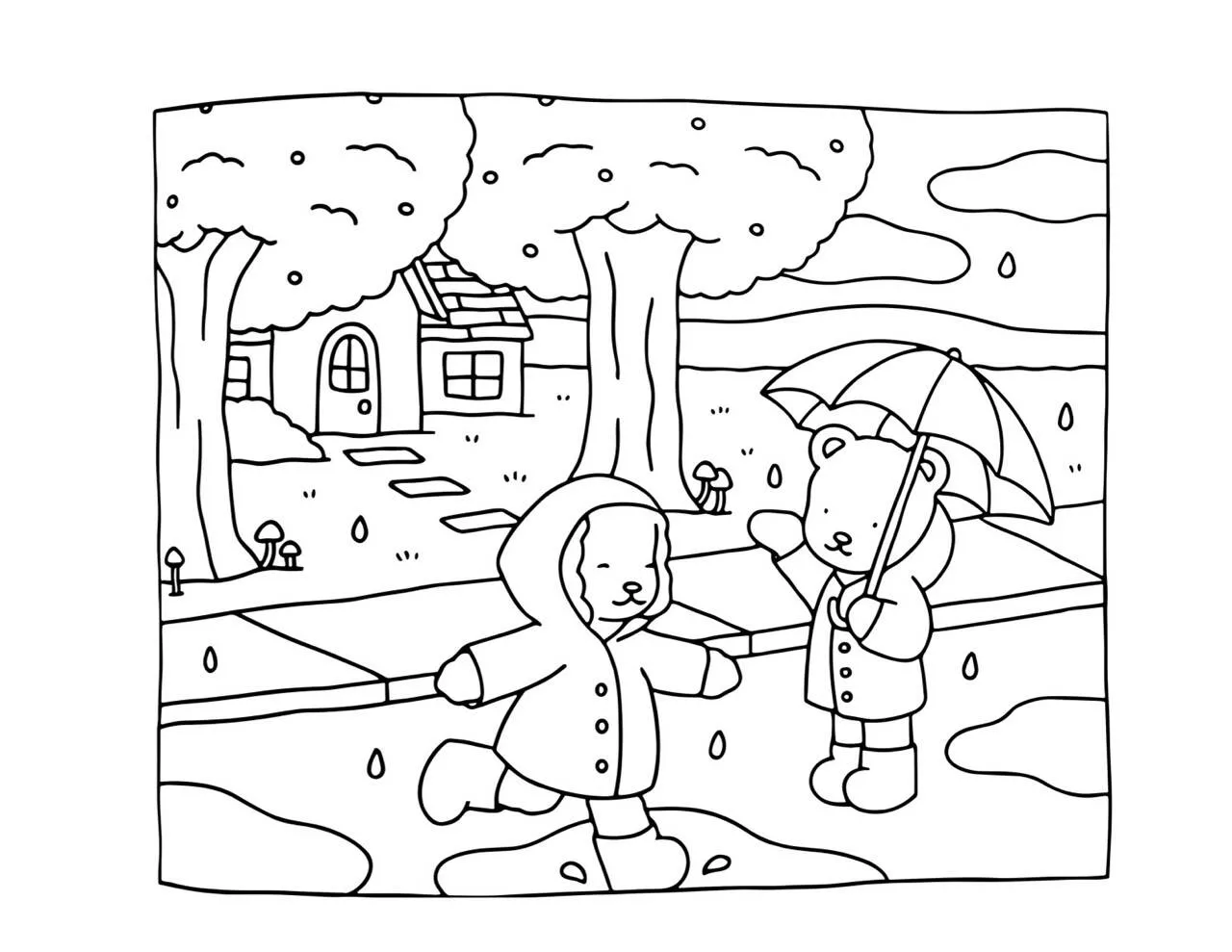 Desenho de Bobbie Goods Brincando na Chuva com Guarda Chuva para Colorir
