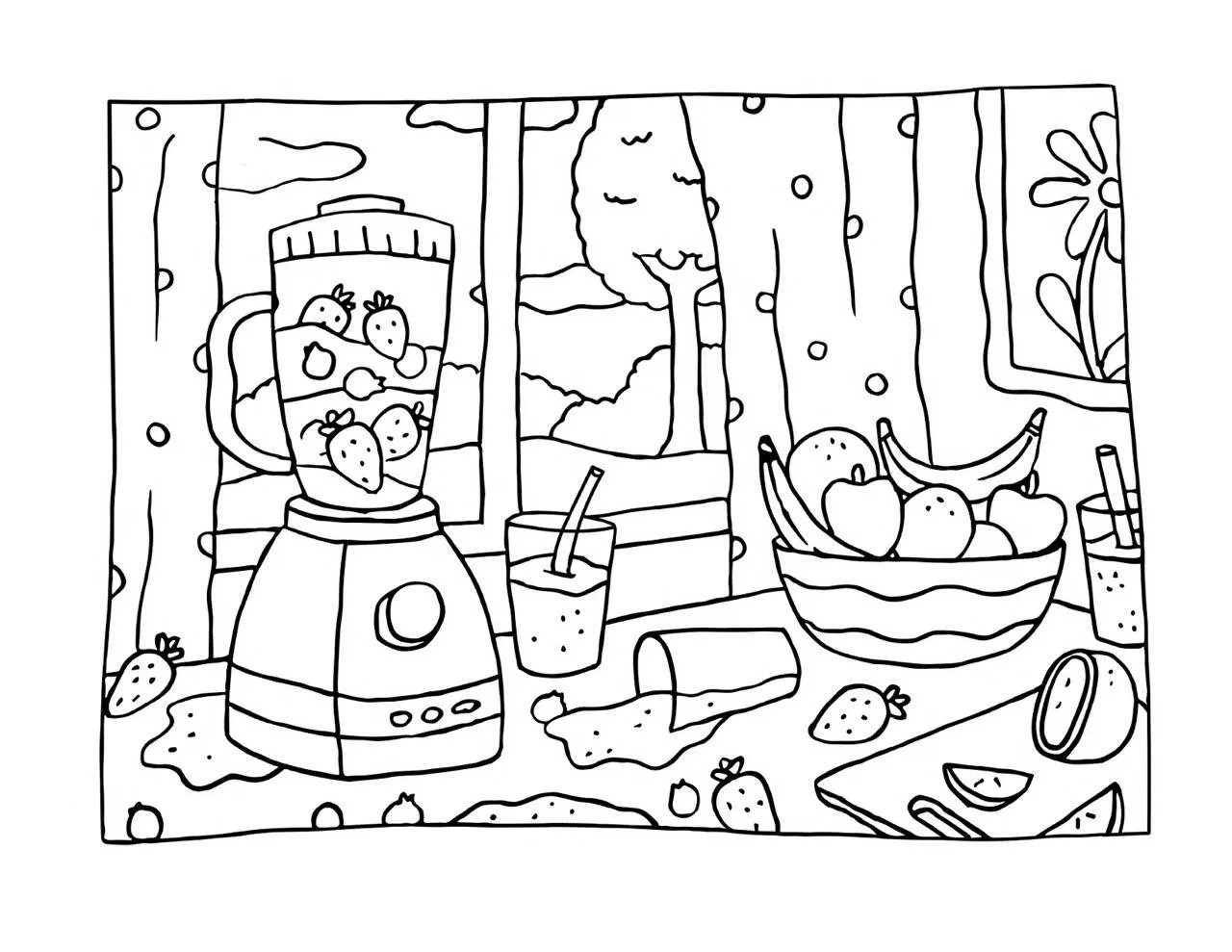 Desenho de Bobbie Goods na Cozinha com Liquidificador e Frutas para Colorir