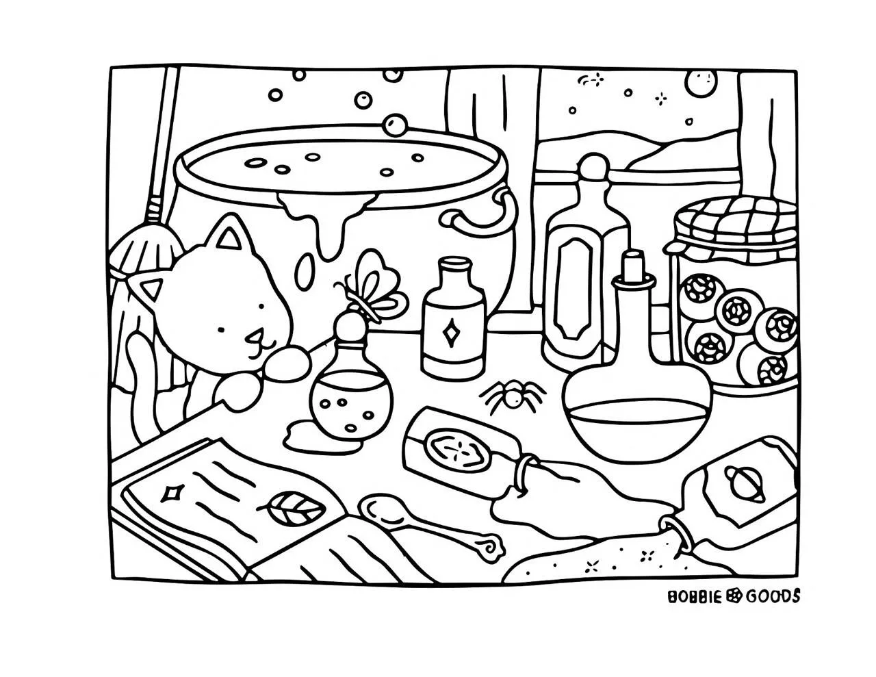 Desenho de Bobbie Goods com Gato e Poção Mágica para Colorir