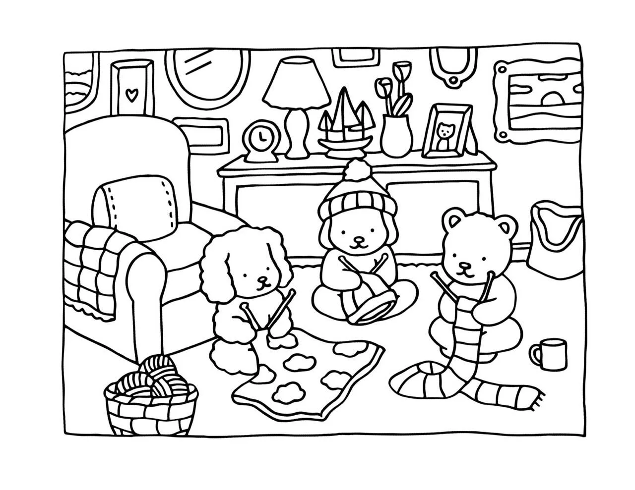 Desenho de Bobbie Goods com Animais Tricotando em Casa para Colorir