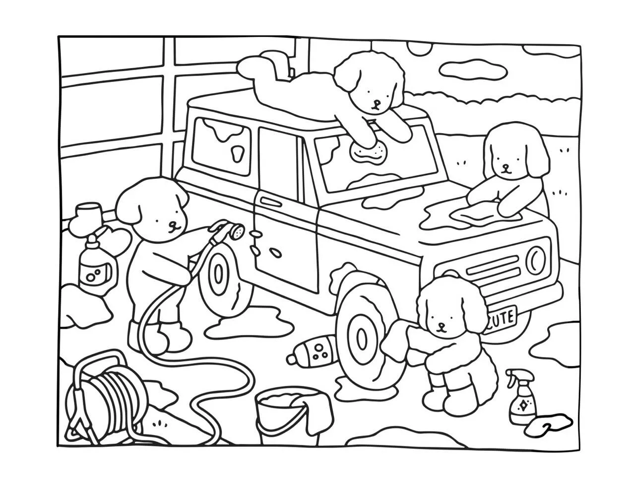Desenho de Bobbie Goods Lavando Carro com Cãezinhos para Colorir