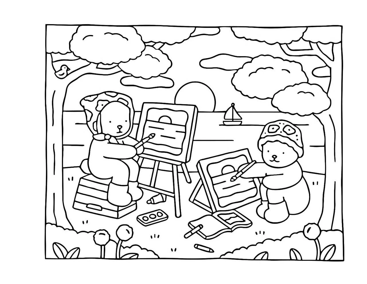 Desenho de Bobbie Goods Pintando com Ursinhos na Praia para Colorir