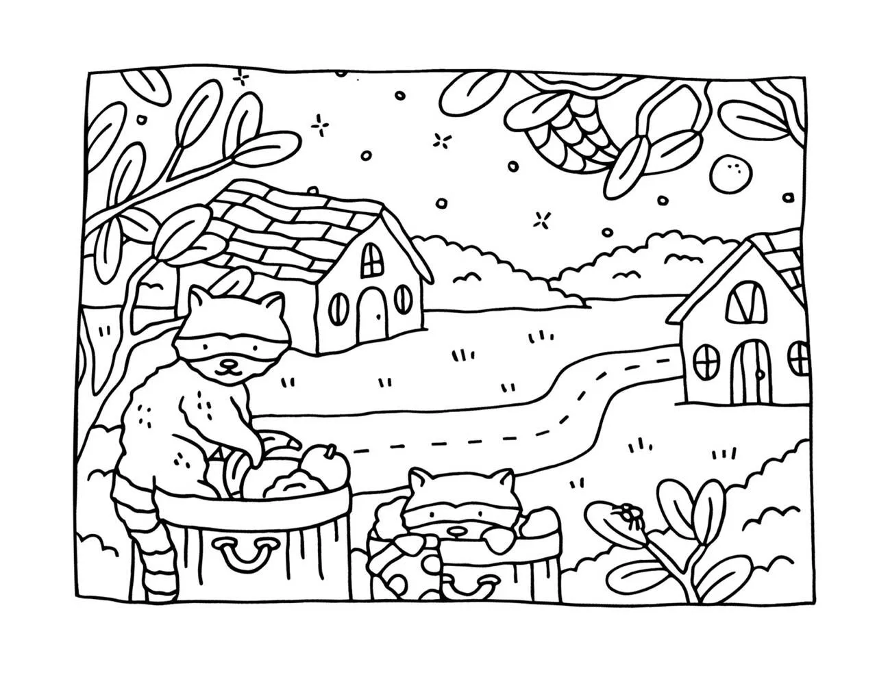 Desenho de Bobbie Goods com Guaxinins Brincando na Noite para Colorir
