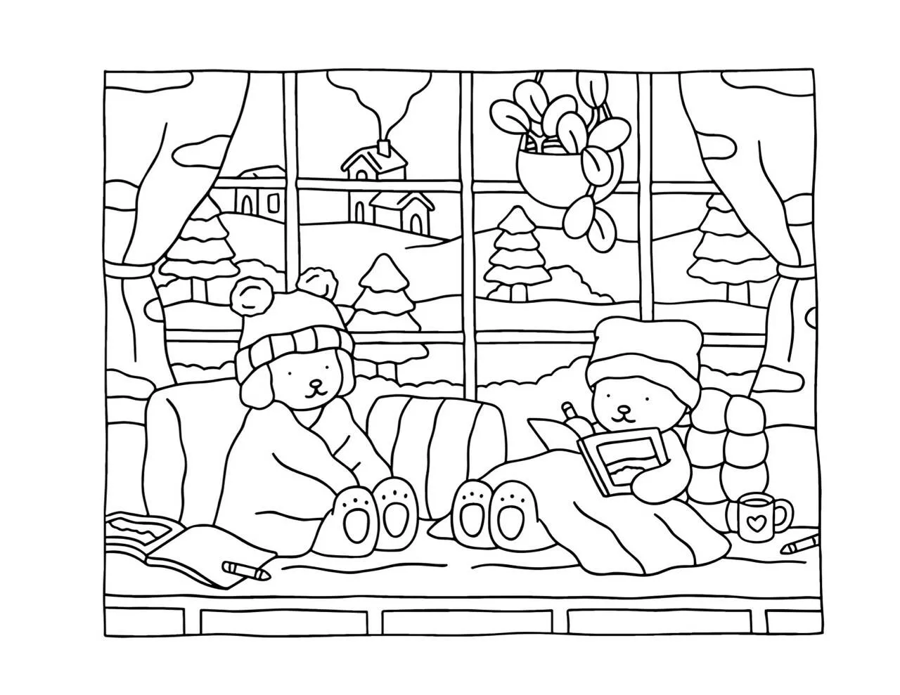 Dibujo para colorear de Bienes Bobbie leyendo un libro en la acogedora ventana