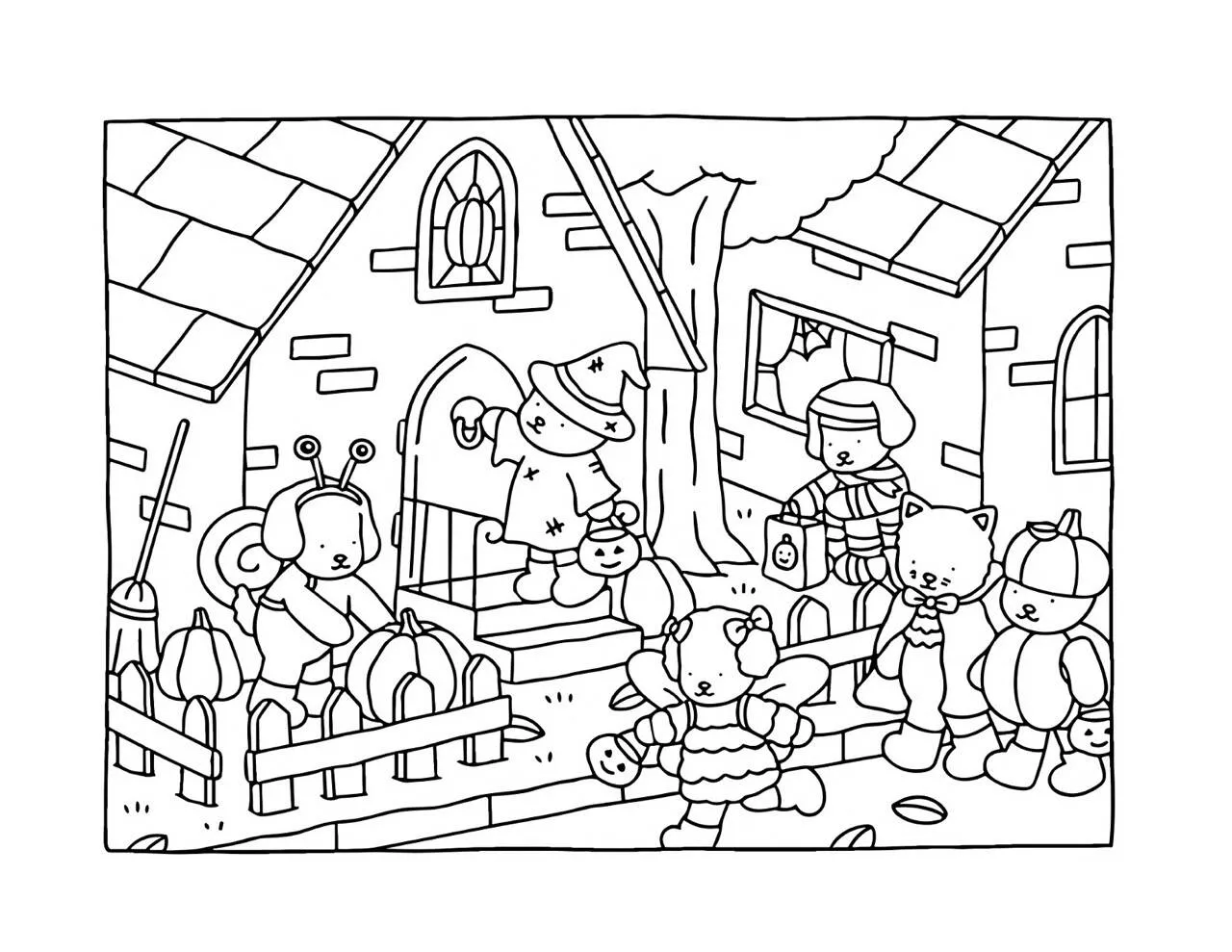 Página para colorear de Bienes Bobbie en la fiesta de Halloween con amigos