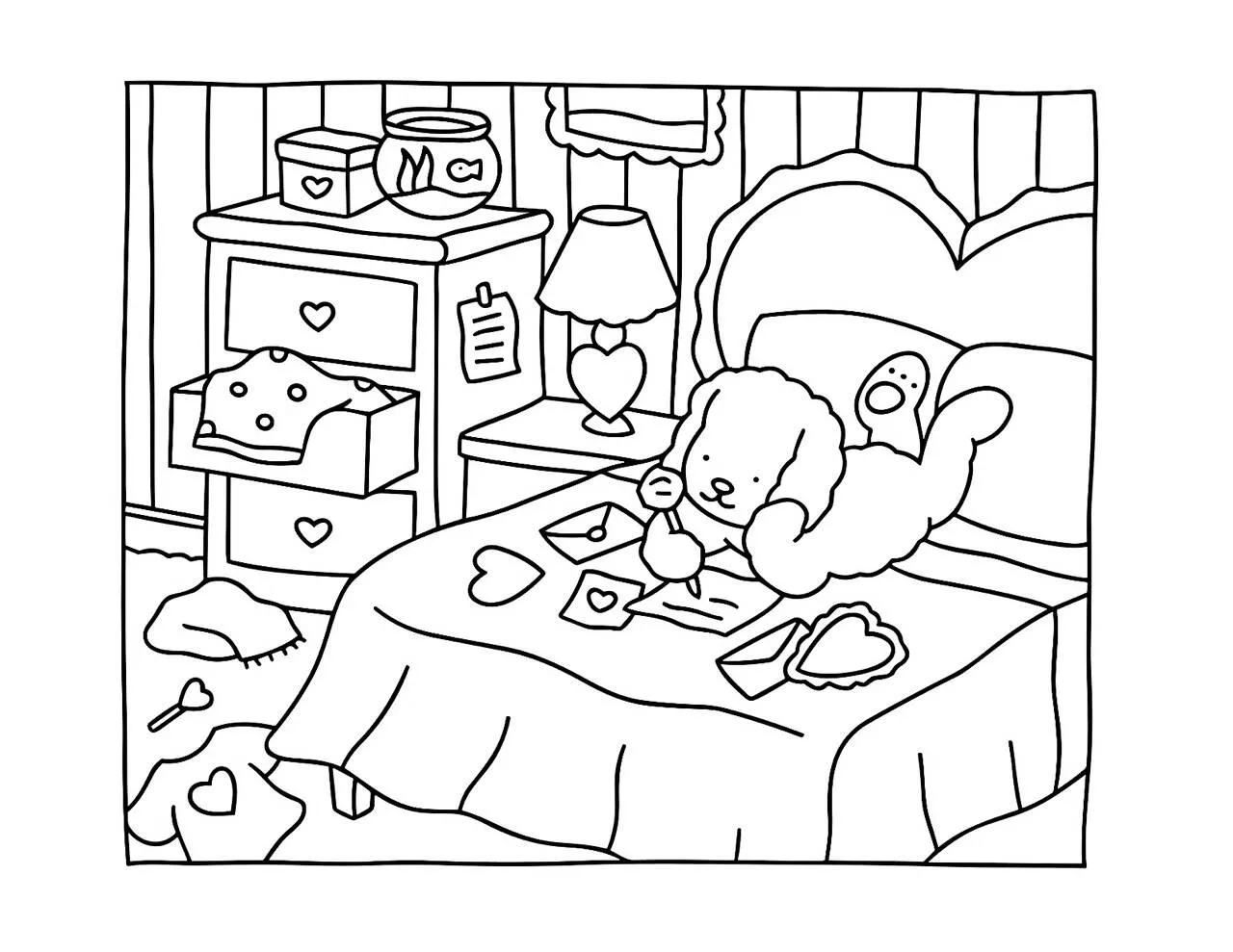 Página para colorear de Bienes Bobbie con cachorro en la cama