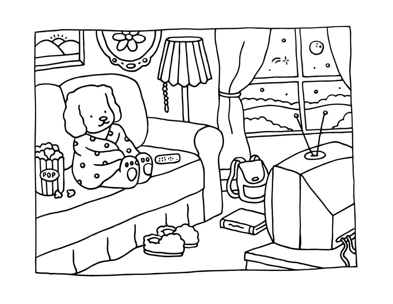 Bienes Bobbie viendo la televisión con su perro para colorear