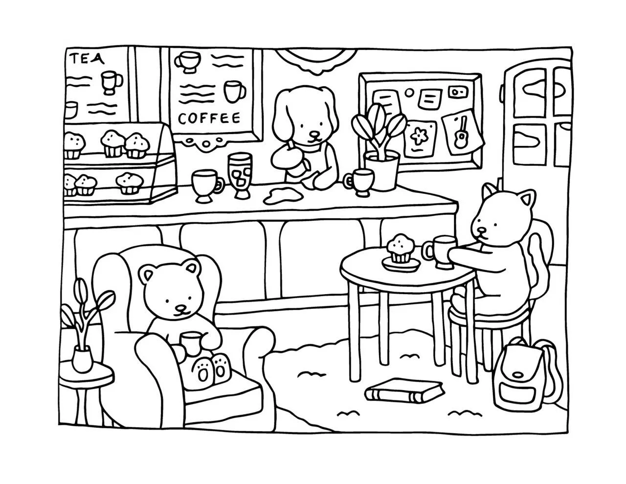 Página para colorear de Bienes Bobbie en una acogedora cafetería
