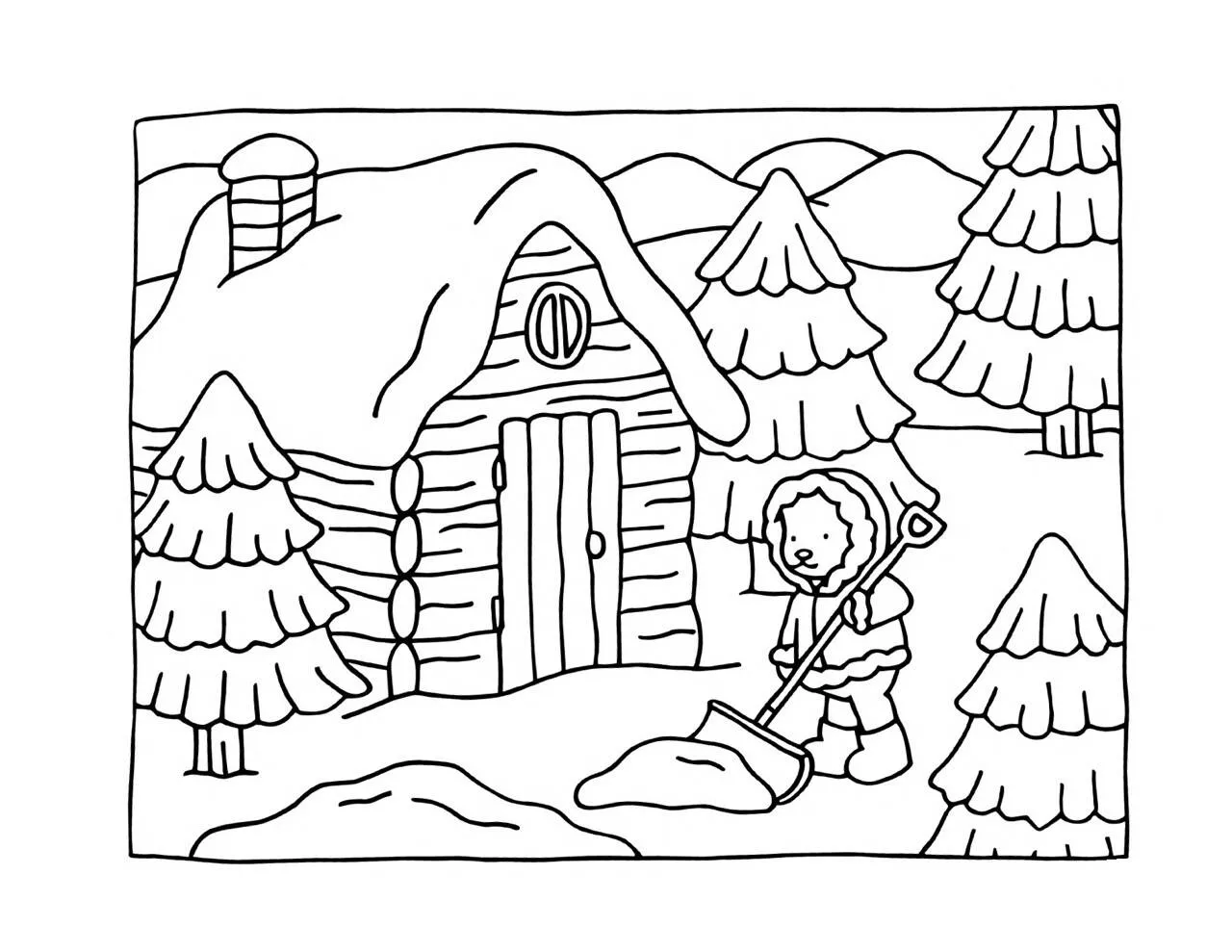 Bienes Bobbie limpiando la nieve en la cabaña Dibujo para colorear